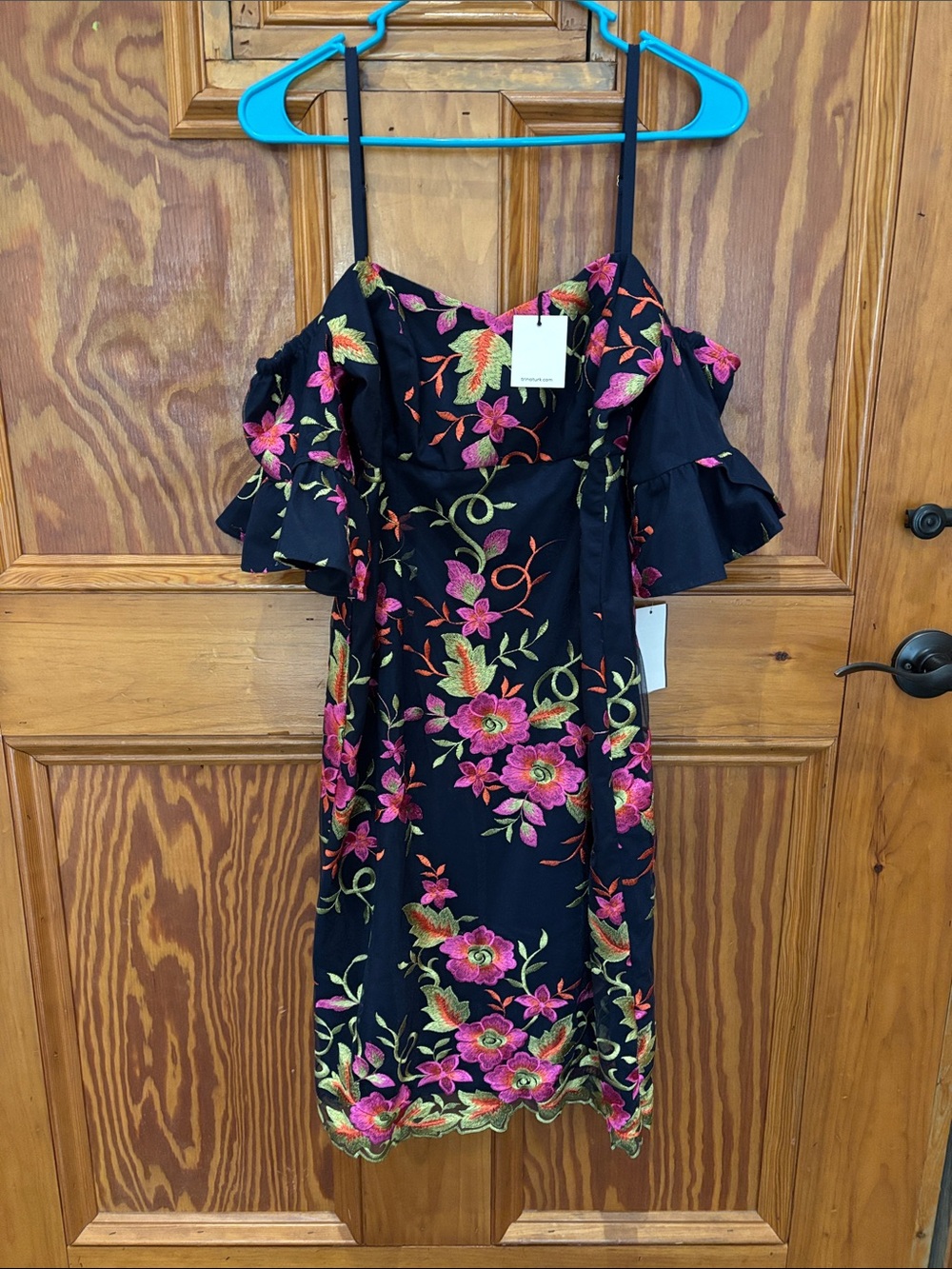 Trina Turk Black Floral Embroidered Off-Shoulder Mini Dress